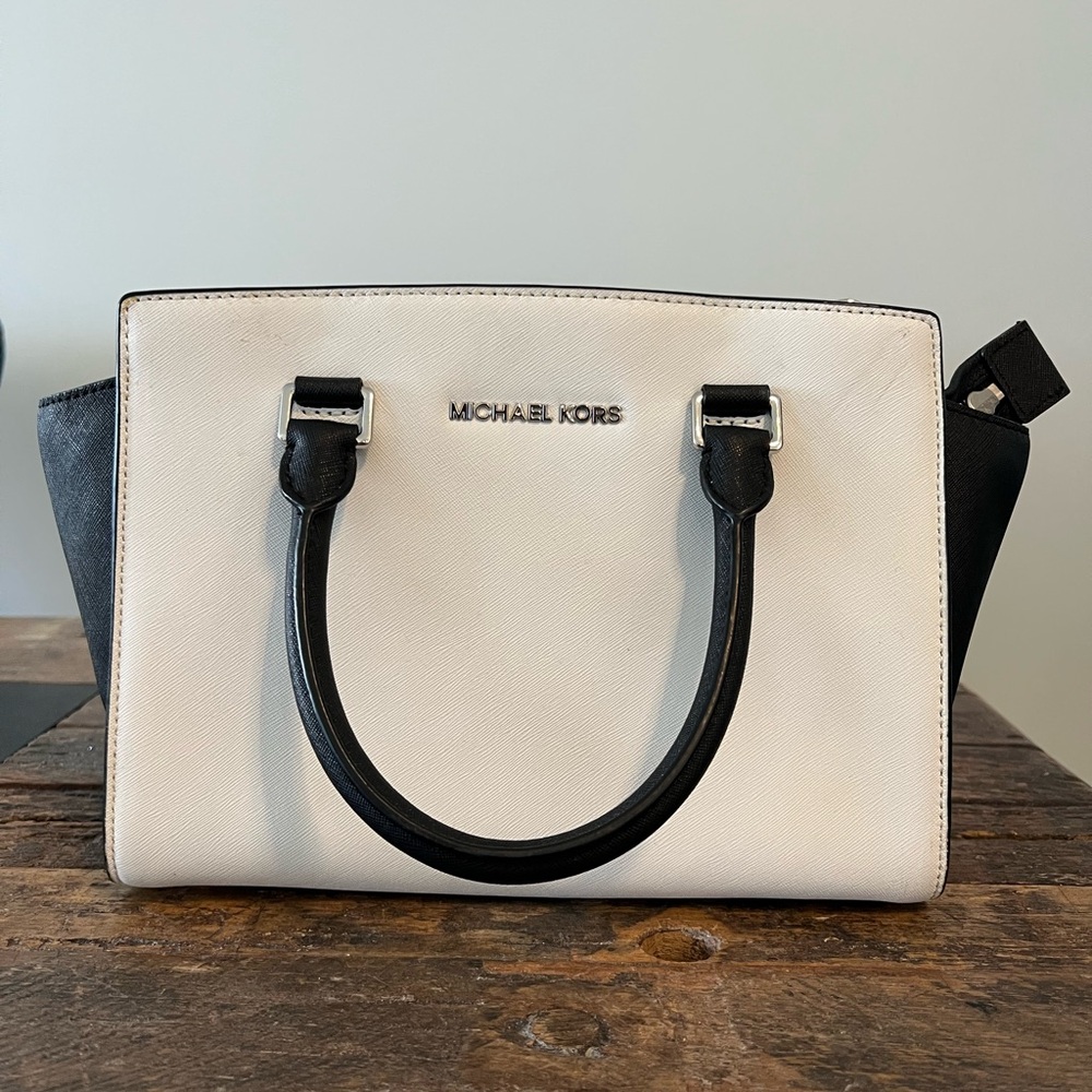 Michael Kors White and Black Satchel with Structured Design